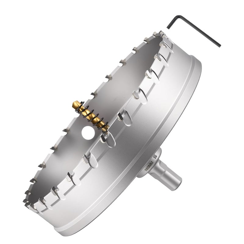 METALLIXITY Hole Saw 160mm (6-1/4"), Heavy Duty Tungsten Carbide with Center Drill Bit Hex Key Spring - Hole Cutters for Thick Stainless Steel Steel Metal Plates. Silver - Image 1